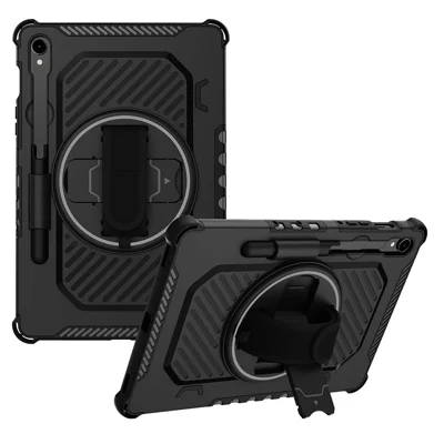 Kickstand Case for Samsung Galaxy Tab S10 FE / S10 Lite / S9 FE / S9 / S8 / S7 PC + TPU Shockproof Tablet Cover with Hand Strap / Pen Slot - Black