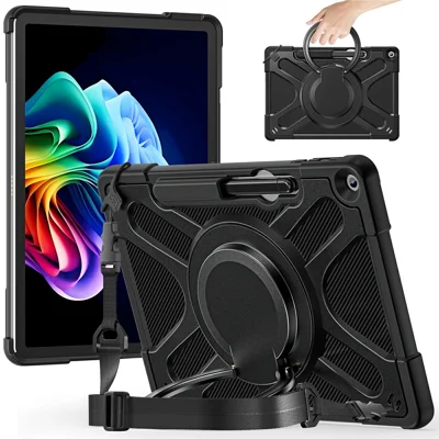 For Microsoft Surface Pro 12inch Case with Shoulder Strap Rotating Kickstand Silicone + PC Tablet Cover - Black