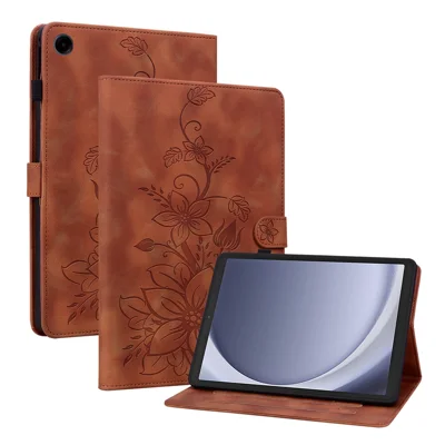 For Samsung Galaxy Tab A11 / A9 Case Lily Flower Imprint Card Slots Leather Tablet Cover - Brown