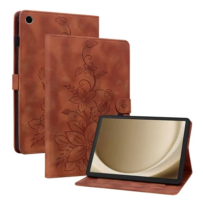 For Samsung Galaxy Tab A11+ Case Lily Flower Imprint Card Slots Leather Tablet Cover - Brown