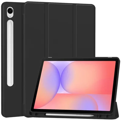 For Samsung Galaxy Tab S10 Lite Case Trifold Stand Solid Color Leather Tablet Cover with Pen Slot - Black