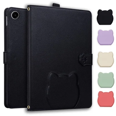 For Samsung Galaxy Tab A11+ / Tab A9+ Wallet Case Leather Stand Tablet Cover with Stylus Holder, 3D Effect Cat Pattern - Black