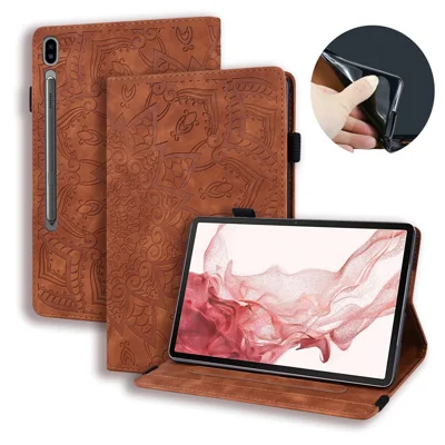 Tablet Case For Samsung Galaxy Tab S12 Ultra / S11 Ultra / S10 Ultra / S9 Ultra / S8 Ultra Card Slots Leather Cover Flower Pattern - Brown