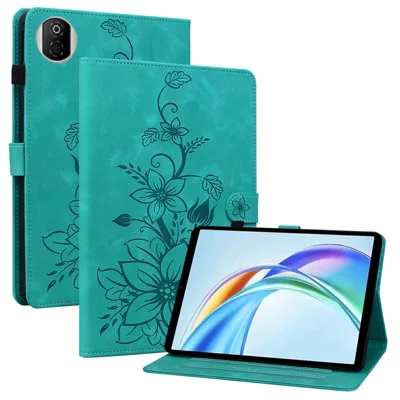 For Honor Pad X7 Case Lily Flower Imprint Card Slots Leather Tablet Cover - Green