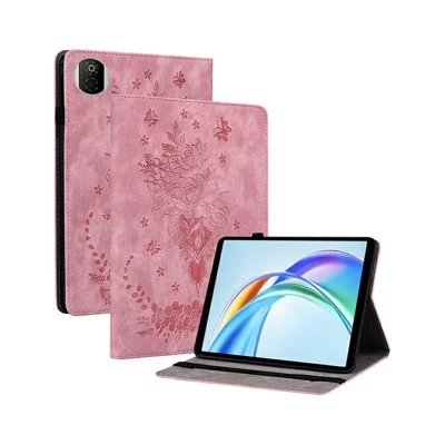 For Honor Pad X7 Case Card Holder Anti-Scratch Leather Cover Rose Flower Imprint - Pink
