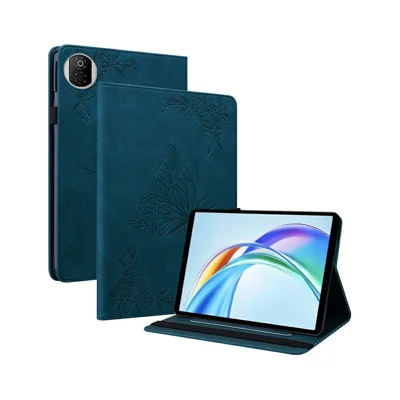 For Honor Pad X7 Case Butterfly Flower Imprint PU Leather Tablet Cover with Card Slots - Blue