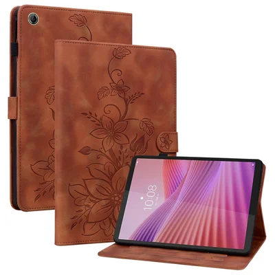 Til Lenovo Tab K9 Task Case med Liljeflowertryk, Kortpladser, Læderet Tabletbeskyttelse - Brun