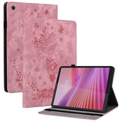 Til Lenovo Tab K9 Taskase med Kortholder, Lederetui med Blomstertryk - Rosa