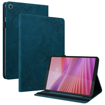 Til Lenovo Tab K9 Task Case med Butterfly Blomstertryk i PU Læder med Kortlommer - Blå