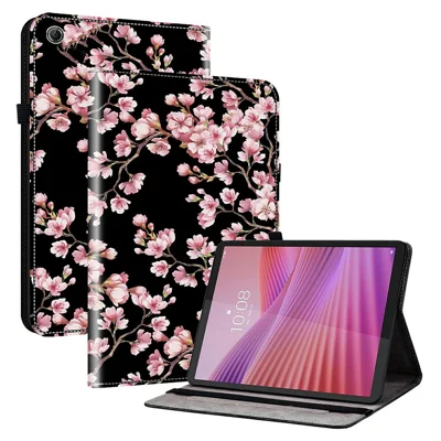 For Lenovo Tab K9 Læderetui med Printet Mønster, Stand og Kortlommer - Blomstrende Plommetræ