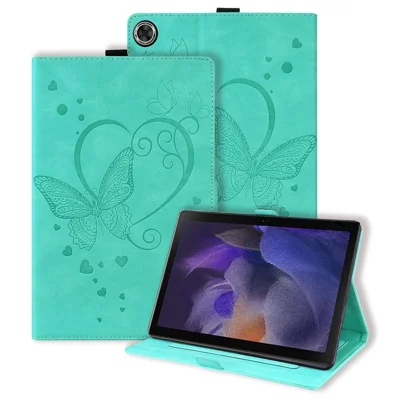 For Samsung Galaxy Tab A11 X133 X130 / Tab A9 Leather Case Imprinted Butterfly Tablet Cover Stand Card Slot - Green