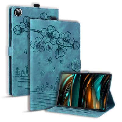 For Samsung Galaxy Tab A11 X133 X130 / Tab A9 Case Card Slots Leather Tablet Stand Folio Cover Flower Cat - Green