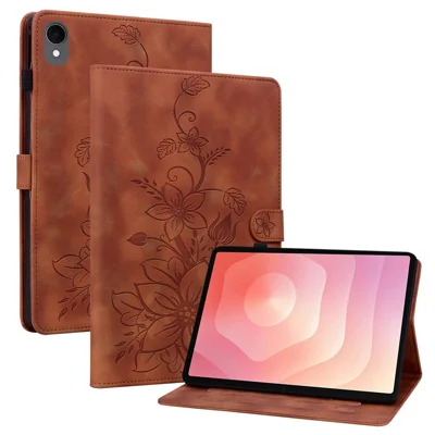 Voor Samsung Galaxy Tab S11 hoes met leliebloemenmotief met kaartvakken Lederen tabletcover - Bruin