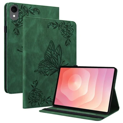 Voor Samsung Galaxy Tab S11 Hoesje met Vlinder- en Bloemenprint in PU Leer Tabletcover met Kaartvakken - Groen