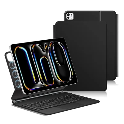 For iPad Pro 11 (2025) / 11 (2024) Smart Pogo Pin Direct Connection Keyboard (Portuguese Layout) + Leather Tablet Case - Black