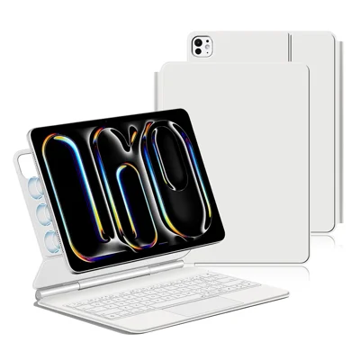For iPad Pro 11 (2025) / 11 (2024) Smart Pogo Pin Direct Connection Keyboard (Portuguese Layout) + Leather Tablet Case - White