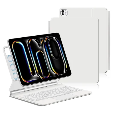 For iPad Pro 11 (2025) / 11 (2024) Smart Pogo Pin Direct Connection Keyboard (Japanese Layout) + Leather Tablet Case - White