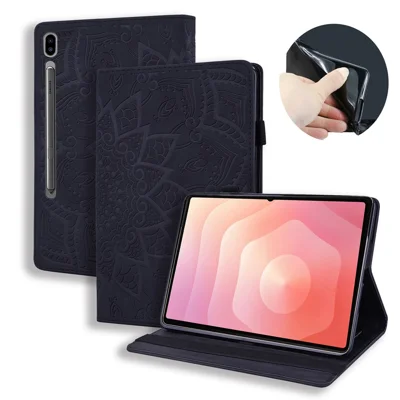 For Samsung Galaxy Tab S11 Ultra Tablet Case Card Slots Leather Cover Flower Pattern - Black