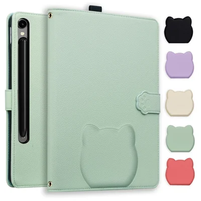For Samsung Galaxy Tab S11 Ultra Wallet Case Leather Stand Tablet Cover with Stylus Holder, 3D Effect Cat Pattern - Green