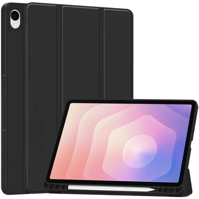 Voor Samsung Galaxy Tab S11 hoes met drievoudige standaard effen lederen tabletcover met penhouder - Zwart