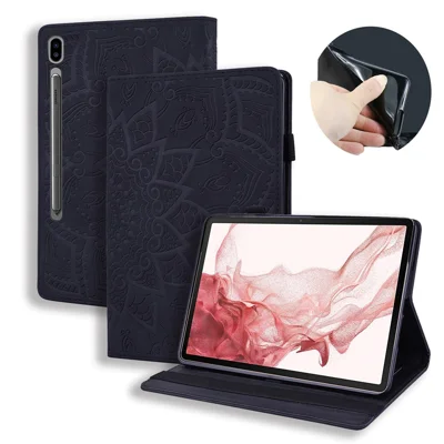 For Samsung Galaxy Tab S10 Ultra / S9 Ultra / S8 Ultra Tablet Case Card Slots Leather Cover Flower Pattern - Black