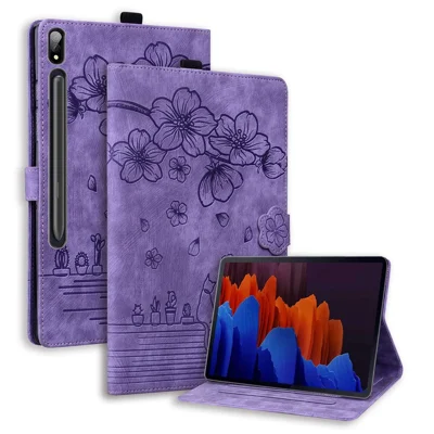 For Samsung Galaxy Tab S12 Ultra / S11 Ultra / S10 Ultra / S9 Ultra / S8 Ultra Case Card Slots Leather Tablet Stand Folio Cover Flower Cat - Purple