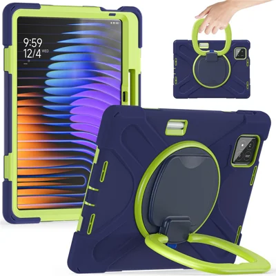 Tablet Case for Xiaomi Pad 9 / Poco Pad X1 / Pad 8 Pro / Pad 8 / Pad 7 Pro / Pad 7 TPU + PC + Silicone Cover Swivel Kickstand Handle Grip - Navy Blue / Yellowgreen