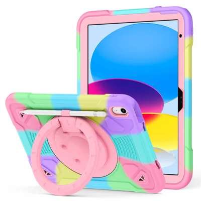 For iPad (2025) / iPad 10.9 (2022) Case with Hand Grip Kickstand Colorful Space Planet PC + Silicone Tablet Cover - Colorful Purple