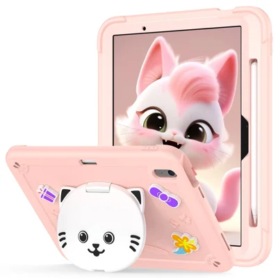 For iPad Air 11 (2026) / (2025) / (2024) Case with Cat Kickstand PC + Silicone Tablet Cover - Rose Pink