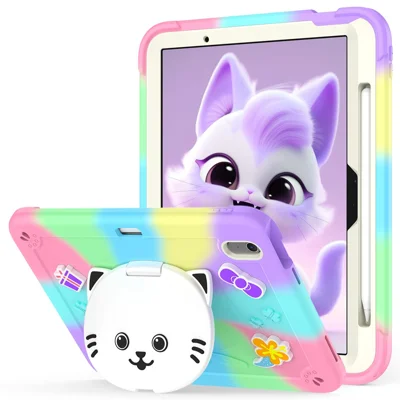 For iPad Air 11 (2026) / (2025) / (2024) Case with Cat Kickstand PC + Silicone Colorful Tablet Cover - Colorful Purple