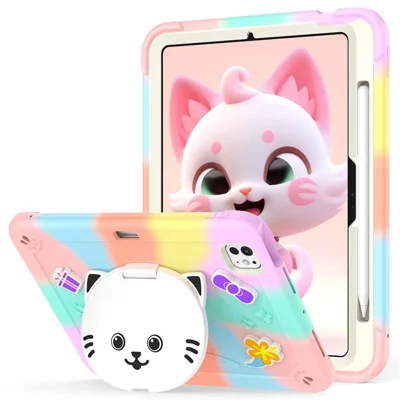 For iPad Pro 11 (2025) / 11 (2024) Case with Cat Kickstand PC + Silicone Colorful Tablet Cover - Colorful Rose Gold