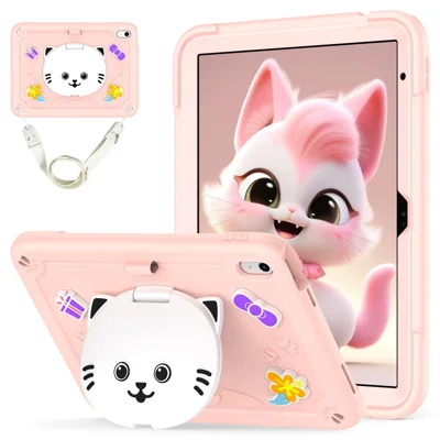 Fodral till iPad (2025) / iPad 10,9 (2022) PC + Silicon Fodral med Kattstöd och axelrem – Rosenrosa