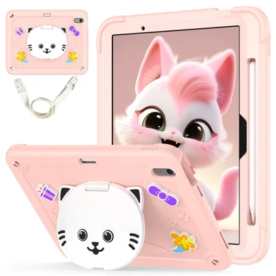 For iPad Air 11 (2026) / (2025) / (2024) Case PC + Silicone Tablet Cover with Cat Kickstand / Shoulder Strap - Rose Pink