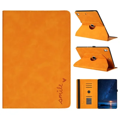 جراب لوحي لجهاز iPad 10.2 (2020) / (2019) / Air 10.5 بوصة (2019) / Pro 10.5 بوصة (2017)، غطاء جلد بتصميم دوار ورسمة ابتسامة - خاكي