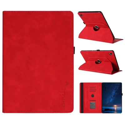 For Samsung Galaxy Tab A 10.1 (2019) Case Rotating Stand Card Holder Smile Imprinted Microfiber Leather Tablet Cover - Red