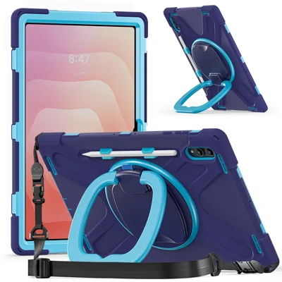 For Samsung Galaxy Tab S12 Ultra / S11 Ultra Case with Shoulder Strap TPU + PC + Silicone Kickstand Tablet Cover - Navy Blue