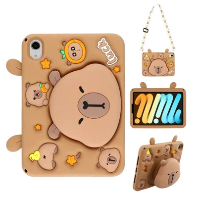 For iPad mini (2024) / (2021) Case Cute Silicone Tablet Cover with Retractable Bear Kickstand / Shoulder Strap