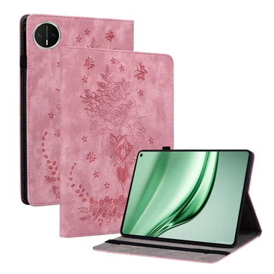 For Huawei MatePad Mini Case Card Holder Anti-Scratch Leather Cover Rose Flower Imprint - Pink