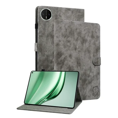 For Huawei MatePad Mini Case Tiger Imprint Anti-Scratch PU Leather Tablet Cover - Grey