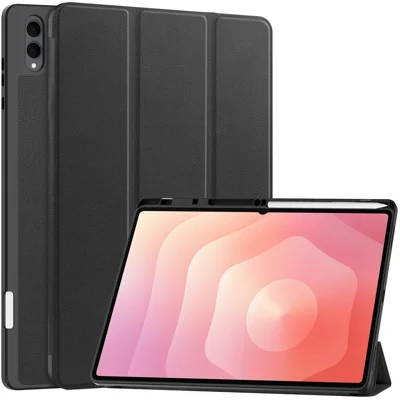 For Samsung Galaxy Tab S11 Ultra Stand Case Shock-Absorbent Leather Tablet Cover with Pen Slot - Black