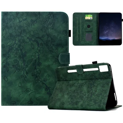 For Lenovo Idea Tab Pro / Tab P12 Pro Gen 2 Case Imprinted Plum Blossom Stand Card Slots Leather Tablet Cover with Auto Sleep / Wake - Green