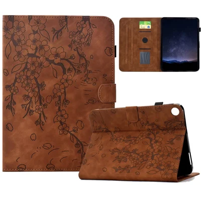 For Samsung Galaxy Tab A11 / A9 Case Imprinted Plum Blossom Stand Card Slots Leather Tablet Cover with Auto Sleep / Wake - Brown