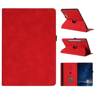 Microfiber Leather Case for Samsung Galaxy Tab S10+ / S9 FE+ / S9+ Rotating Stand Card Holder Smile Imprinted Tablet Cover - Red