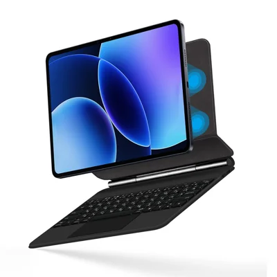 For Xiaomi Poco Pad X1 / Pad 8 Pro / Pad 8 / Pad 7 Pro / Pad 7 Magnetic Floating Bluetooth-Compatible Keyboard (Russian) + Leather Tablet Case - Black