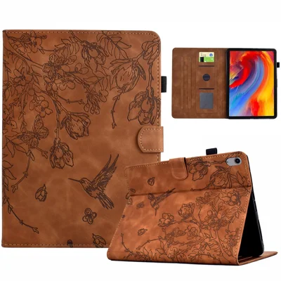 Voor Samsung Galaxy Tab S11 Hoesje met Bloemen- en Vogelprint met Kaarthouder in Lederen Tabletcover - Bruin