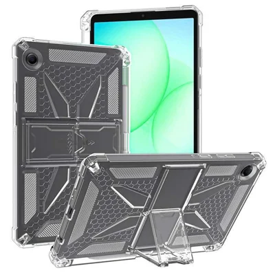 För Samsung Galaxy Tab A11 genomskinlig hårddisk med ställfot, stötsäker TPU + PC-tabletdocka med pennficka