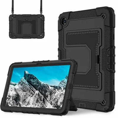 Étui pour Samsung Galaxy Tab A11+ avec support, sangle anti-chute, PC + Housse de tablette en silicone - Noir / Noir