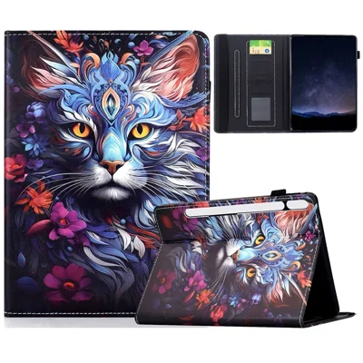 For Samsung Galaxy Tab S10 FE+ Leather Case Pattern Print Card Slots Stand Auto Sleep Wake Tablet Cover - Colorful Cat
