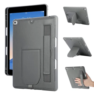 Tablet Case For iPad 9.7-inch (2018)  /  (2017)  /  Air 2  /  Air (2013) Kickstand PU + TPU Cover with Wristband  /  Pen Slot - Grey