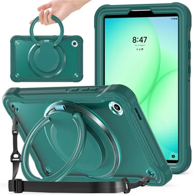 Til Samsung Galaxy Tab A11 Taske, Rotationsstøtte, PC + TPU + Silikonebeskyttelse med Skulderrem - Mørk Grøn